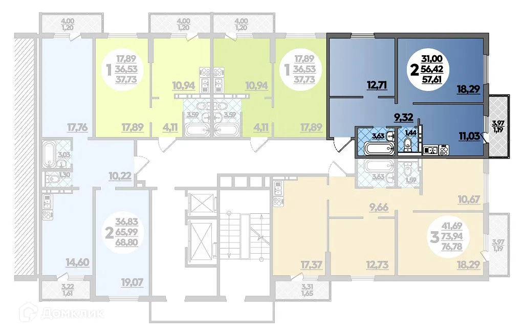 Планировка 2-комнатной квартиры 57.61 м² в ЖК Суворовский, г. Ростов-на-Дону — фото 1