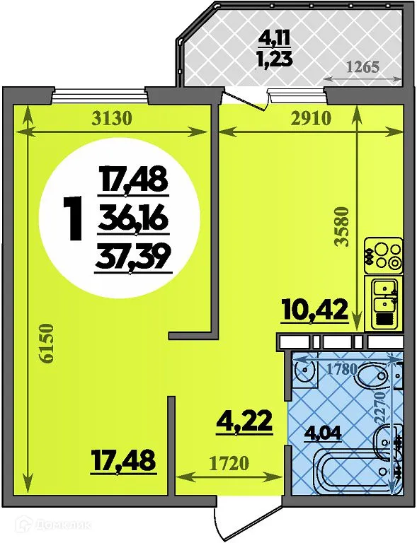 Планировка 1-комнатной квартиры 37.39 м² в ЖК Суворовский, г. Ростов-на-Дону — фото 1
