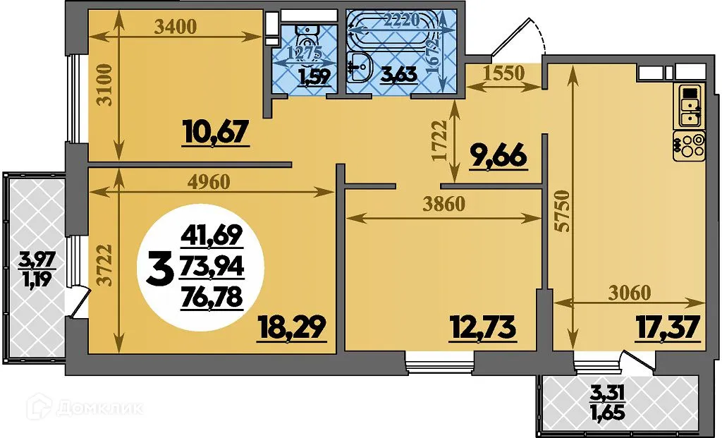Планировка 3-комнатной квартиры 76.78 м² в ЖК Суворовский, г. Ростов-на-Дону — фото 1