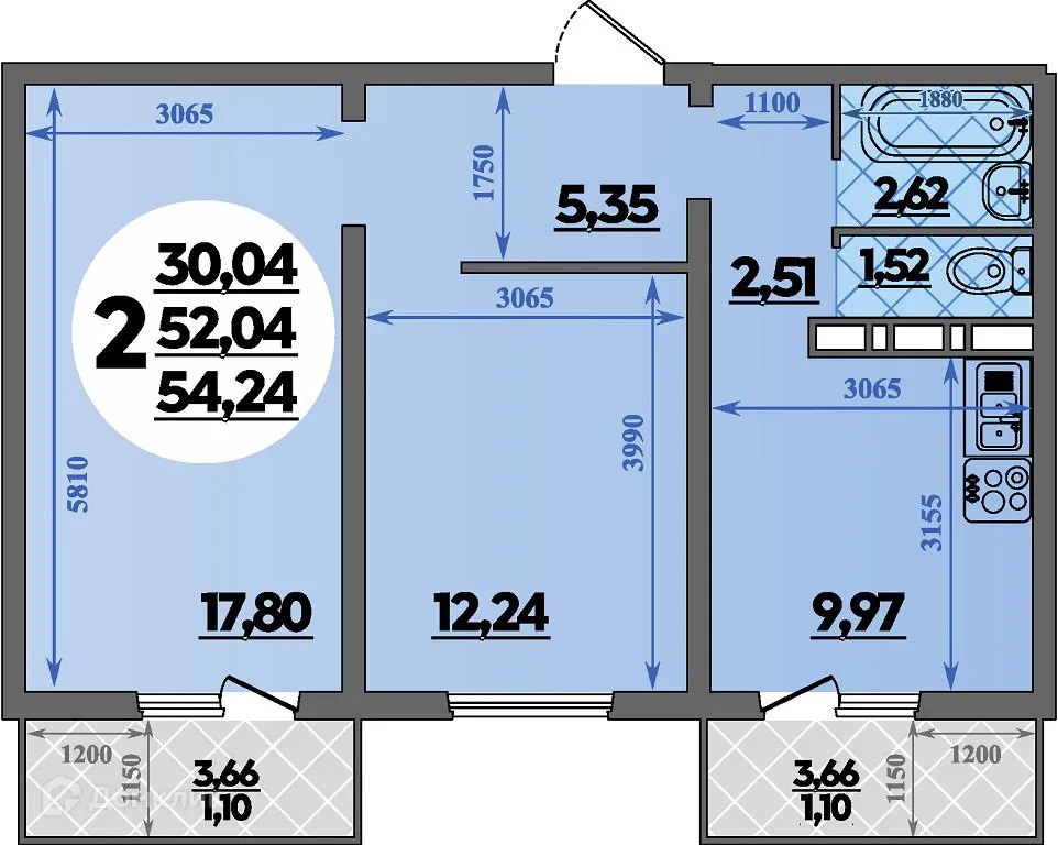 Планировка 2-комнатной квартиры 54.24 м² в ЖК Суворовский, г. Ростов-на-Дону — фото 1