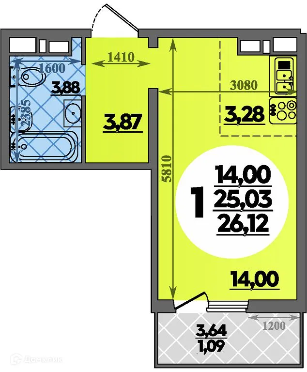 Планировка студии квартиры 26.12 м² в ЖК Суворовский, г. Ростов-на-Дону — фото 1