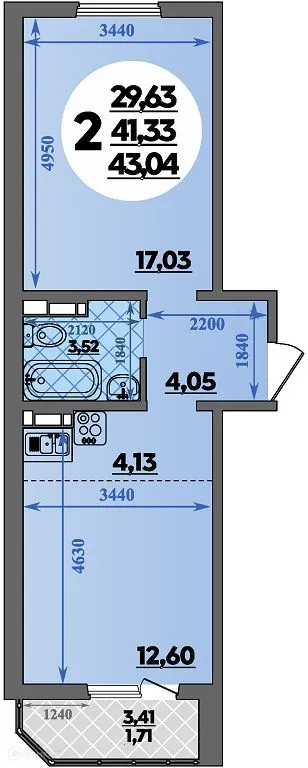 Планировка 2-комнатной квартиры 43.04 м² в ЖК Суворовский, г. Ростов-на-Дону — фото 1