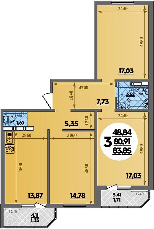 Планировка 3-комнатной квартиры 83.85 м² в ЖК Суворовский, г. Ростов-на-Дону — фото 1