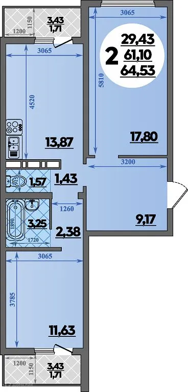 Планировка 2-комнатной квартиры 64.53 м² в ЖК Суворовский, г. Ростов-на-Дону — фото 1
