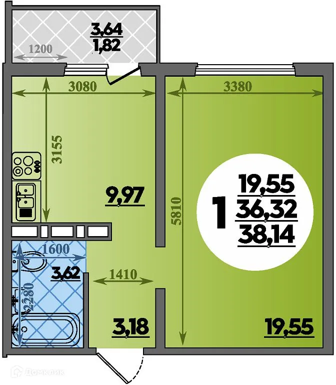 Планировка 1-комнатной квартиры 38.14 м² в ЖК Суворовский, г. Ростов-на-Дону — фото 1
