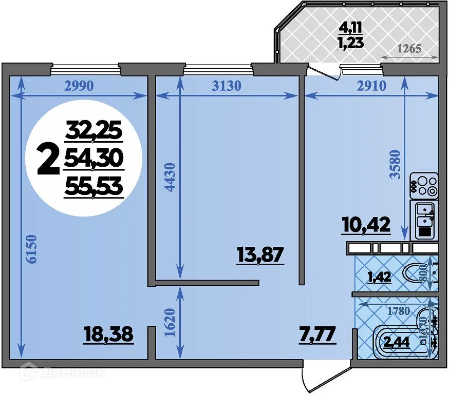Планировка 2-комнатной квартиры 55.53 м² в ЖК Суворовский, г. Ростов-на-Дону — фото 1