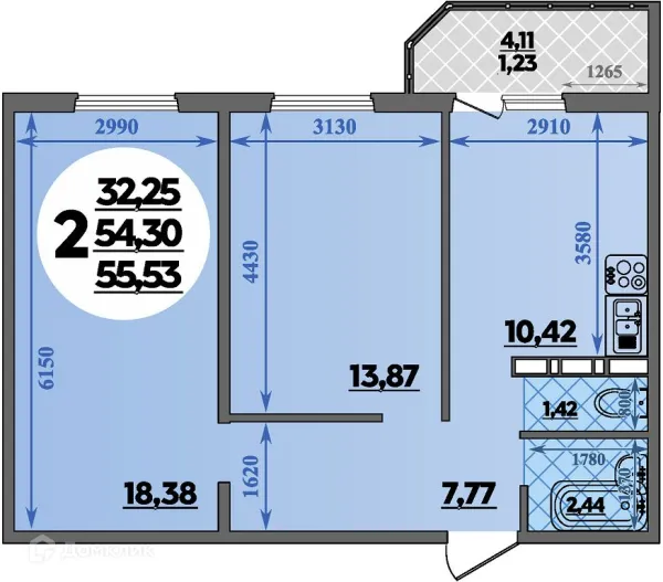 Планировка 2 комн. в ЖК Суворовский