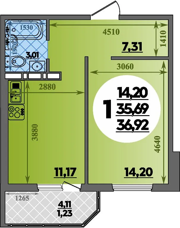 Планировка 1-комнатной квартиры 36.92 м² в ЖК Суворовский, г. Ростов-на-Дону — фото 1
