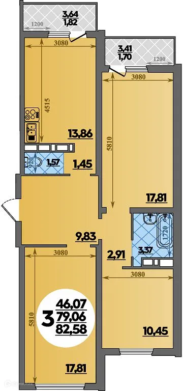 Планировка 3-комнатной квартиры 82.58 м² в ЖК Суворовский, г. Ростов-на-Дону — фото 1