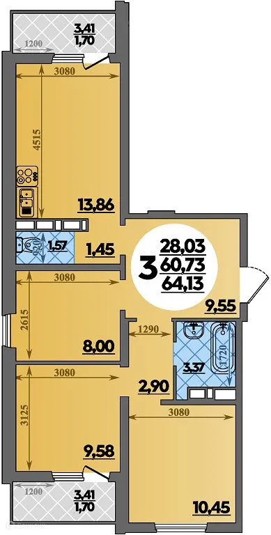 Планировка 3-комнатной квартиры 64.13 м² в ЖК Суворовский, г. Ростов-на-Дону — фото 1