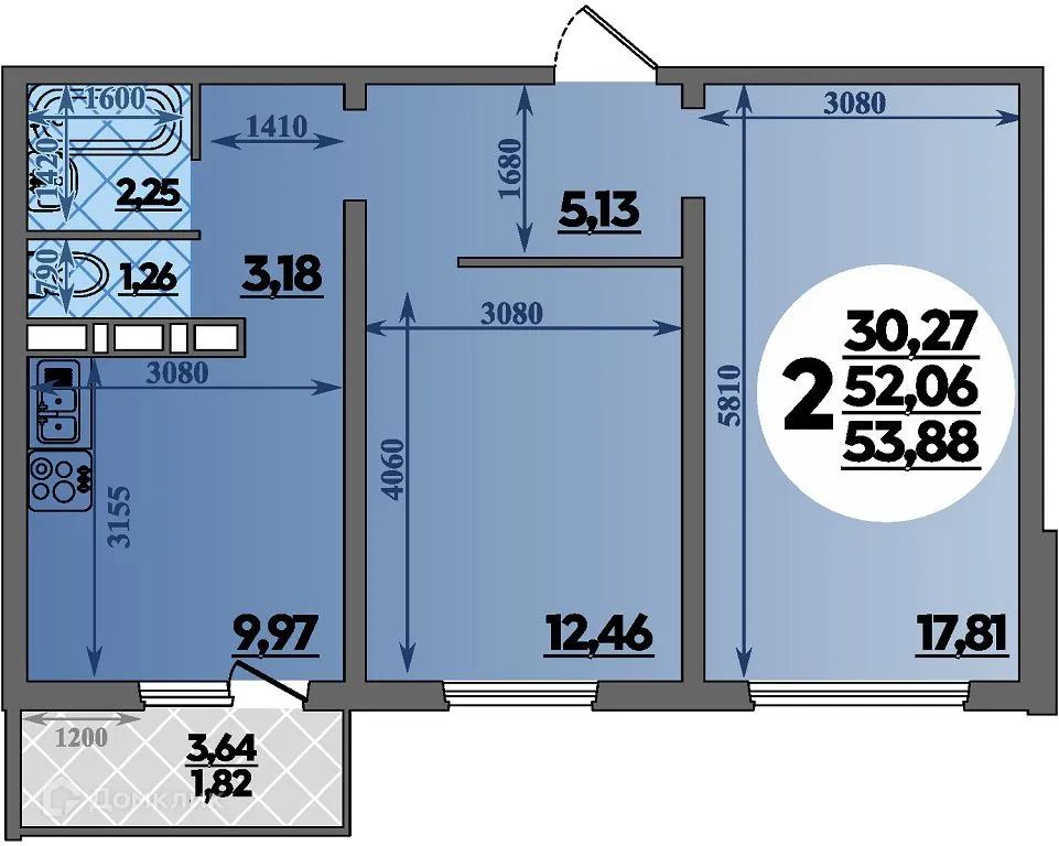 Планировка 2-комнатной квартиры 53.88 м² в ЖК Суворовский, г. Ростов-на-Дону — фото 1