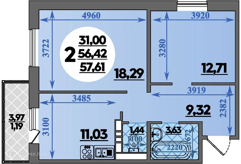Планировка 2-комнатной квартиры 57.61 м² в ЖК Суворовский, г. Ростов-на-Дону — фото 1