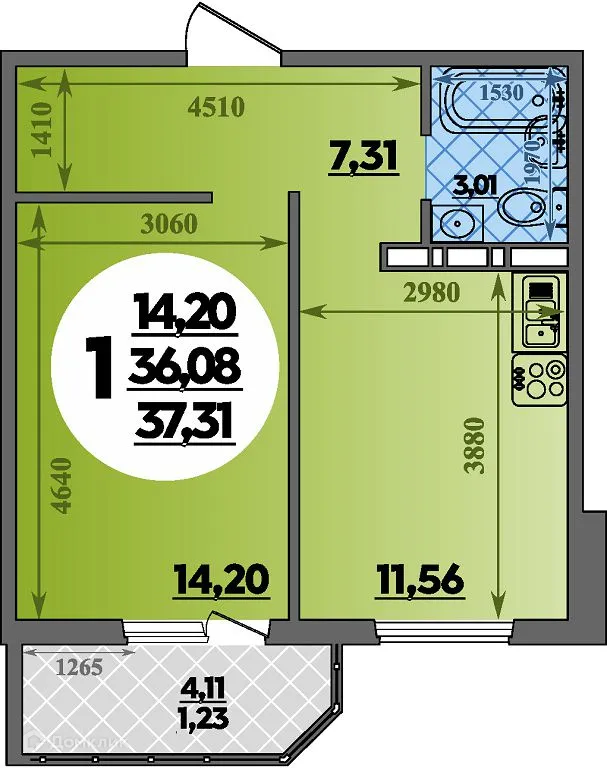 Планировка 1-комнатной квартиры 37.31 м² в ЖК Суворовский, г. Ростов-на-Дону — фото 1