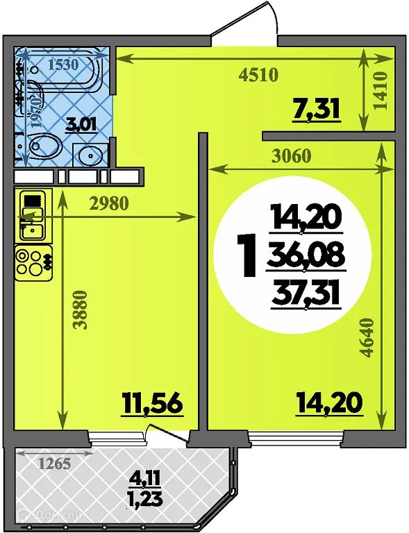Планировка 1-комнатной квартиры 37.31 м² в ЖК Суворовский, г. Ростов-на-Дону — фото 1