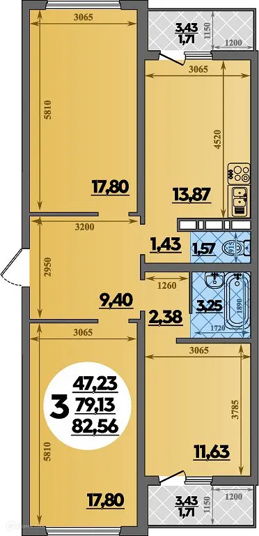 Планировка 3-комнатной квартиры 82.56 м² в ЖК Суворовский, г. Ростов-на-Дону — фото 1