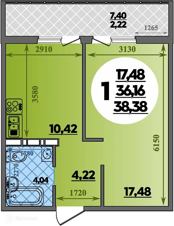 Планировка 1-комнатной квартиры 38.38 м² в ЖК Суворовский, г. Ростов-на-Дону — фото 1