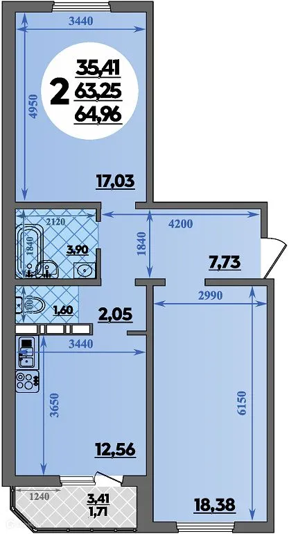 Планировка 2-комнатной квартиры 64.96 м² в ЖК Суворовский, г. Ростов-на-Дону — фото 1