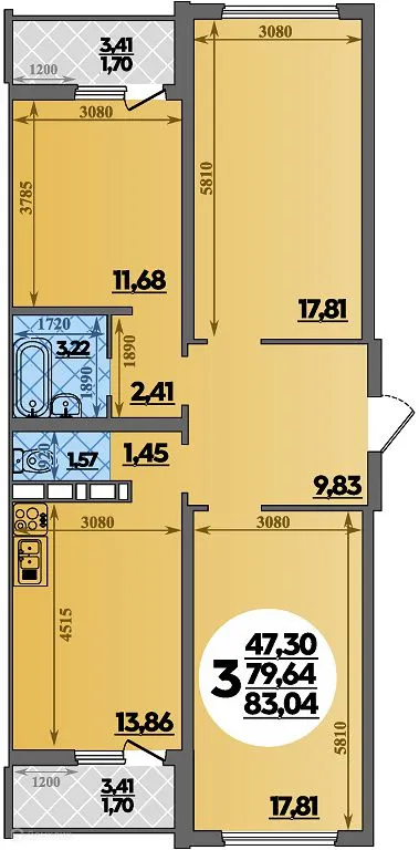 Планировка 3-комнатной квартиры 83.04 м² в ЖК Суворовский, г. Ростов-на-Дону — фото 1