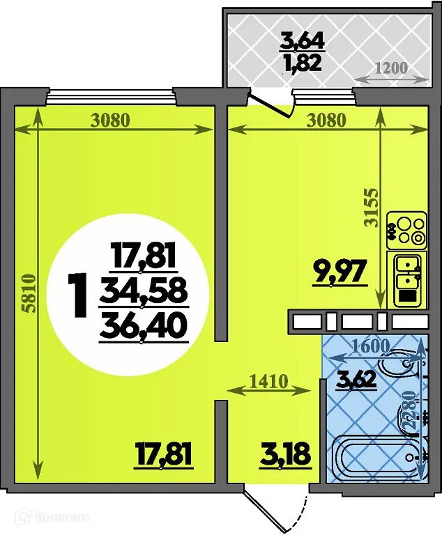 Планировка 1-комнатной квартиры 36.4 м² в ЖК Суворовский, г. Ростов-на-Дону — фото 1