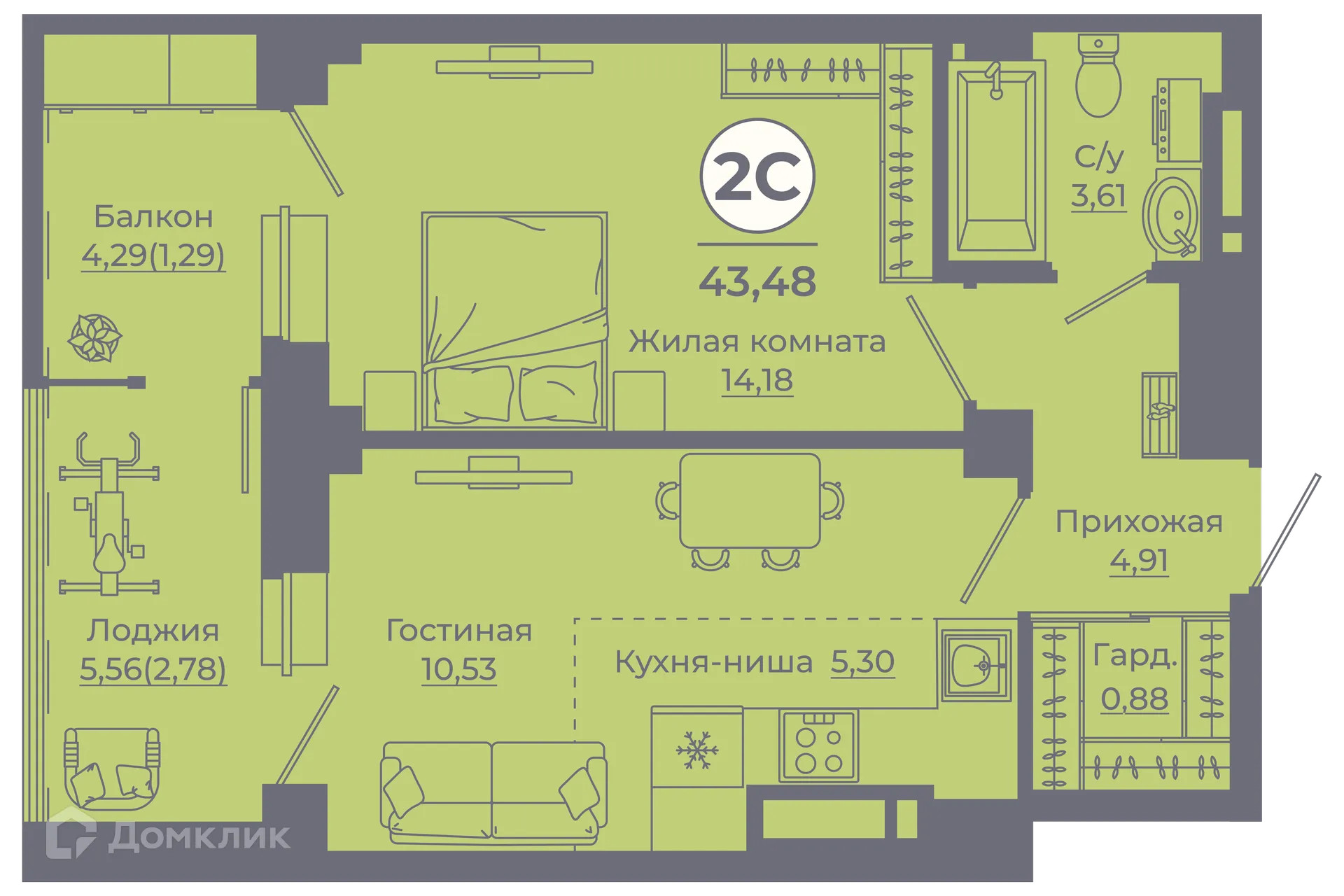 Планировка 2-комнатной квартиры 43.1 м² в ЖК Сокольники, г. Ростов-на-Дону — фото 1