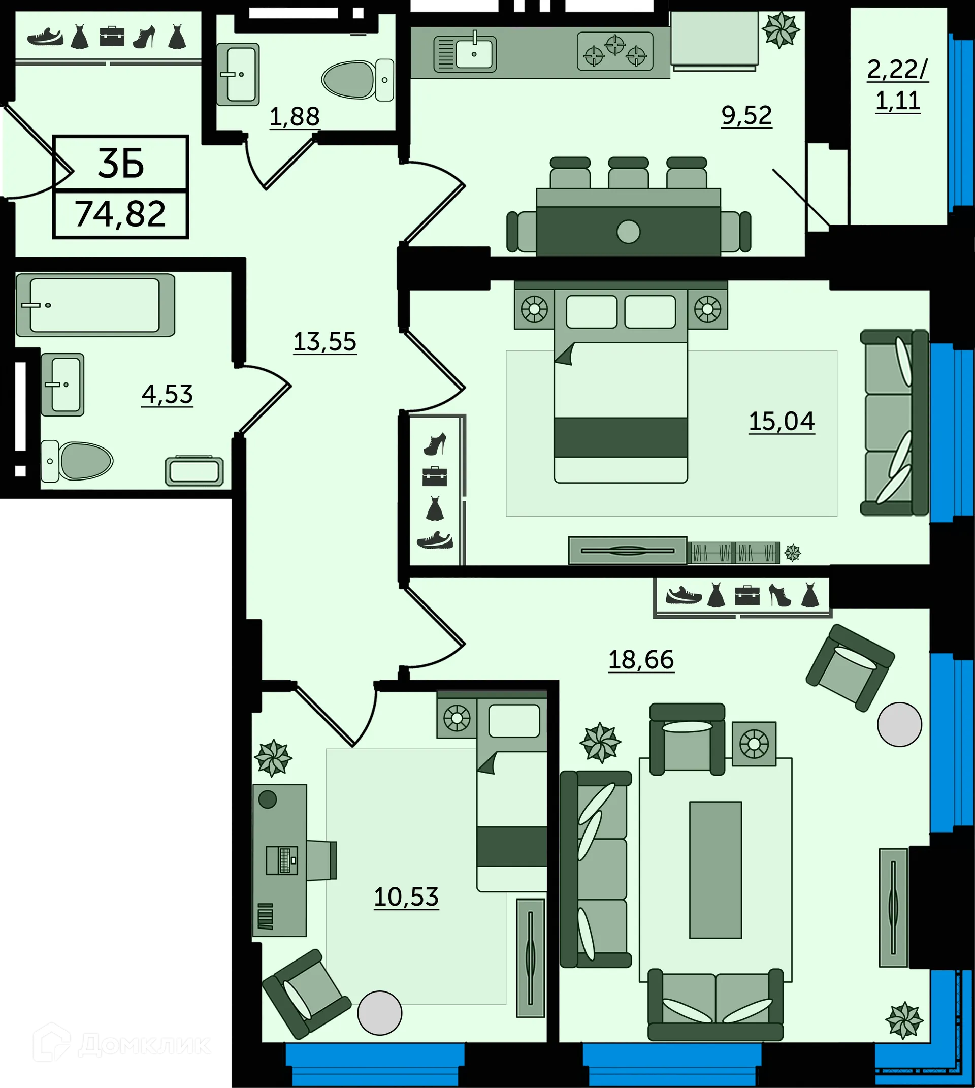 Планировка 3-комнатной квартиры 74.82 м² в ЖК "Легенда Ростова", г. Ростов-на-Дону — фото 1