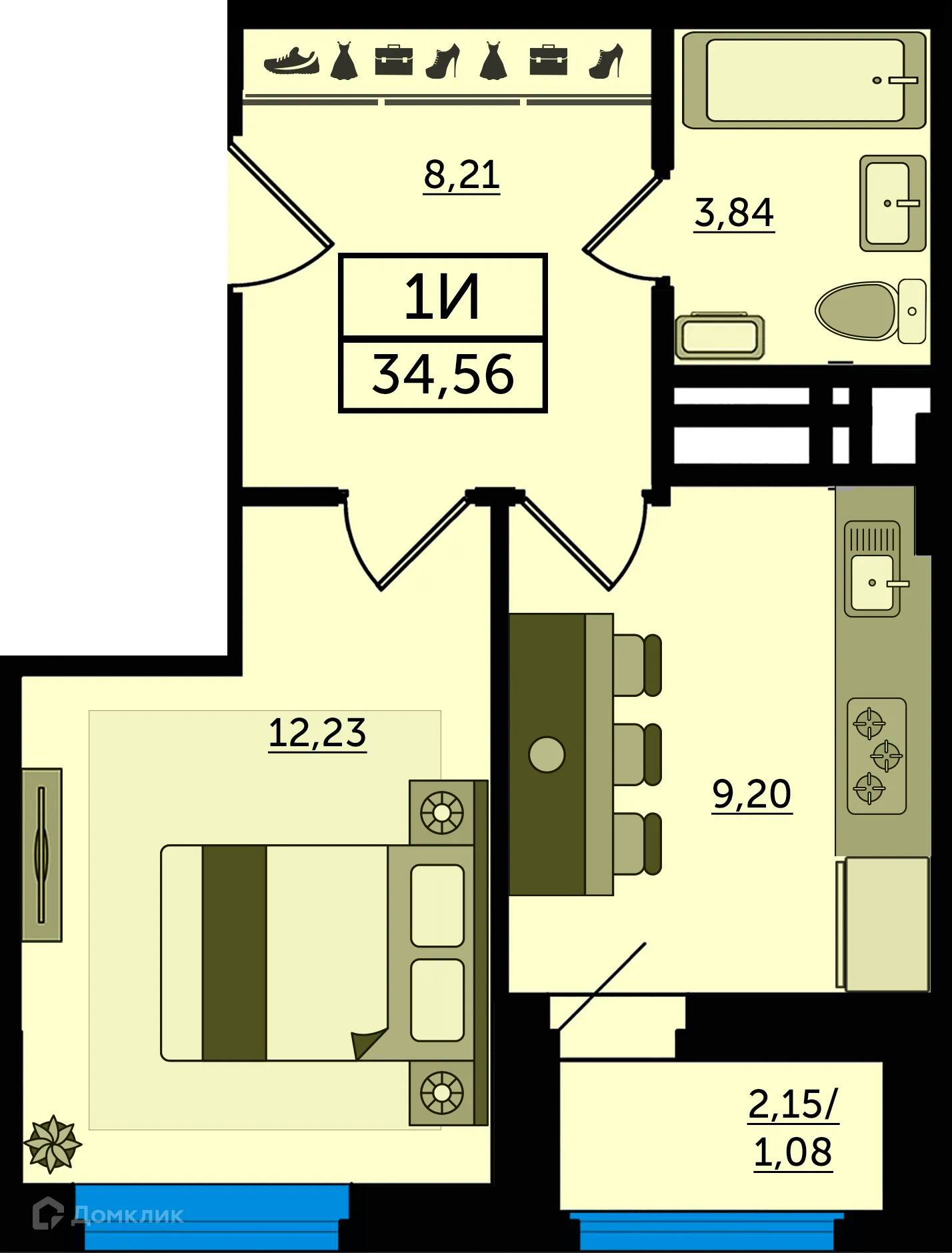 Планировка 1-комнатной квартиры 34.56 м² в ЖК "Легенда Ростова", г. Ростов-на-Дону — фото 1