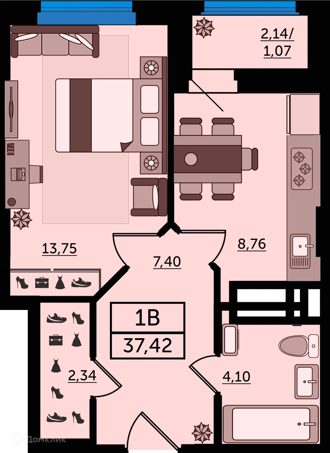 Планировка 1-комнатной квартиры 37.42 м² в ЖК "Легенда Ростова", г. Ростов-на-Дону — фото 1