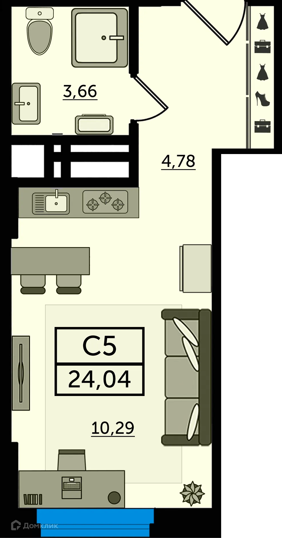 Планировка студии квартиры 24.04 м² в ЖК "Легенда Ростова", г. Ростов-на-Дону — фото 1
