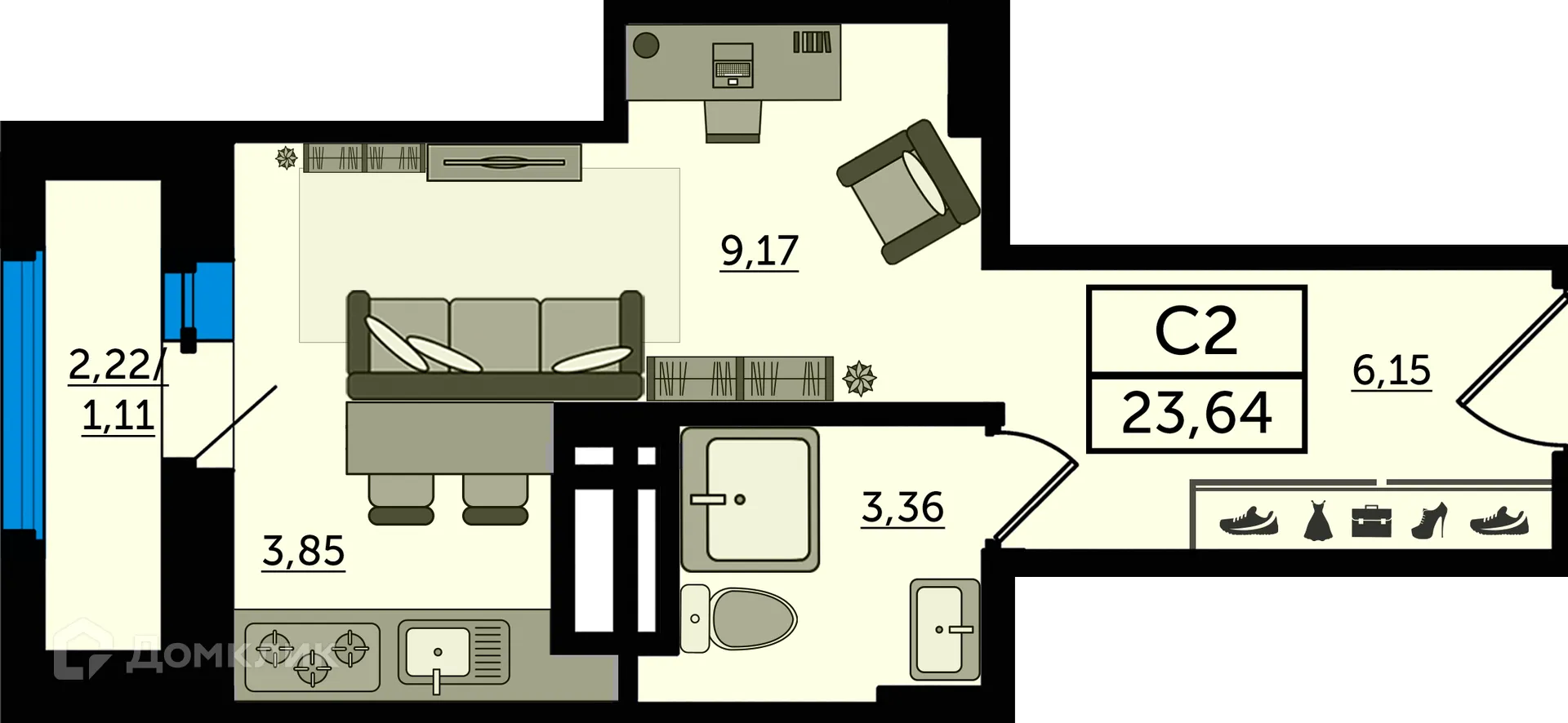 Планировка студии квартиры 23.64 м² в ЖК "Легенда Ростова", г. Ростов-на-Дону — фото 1