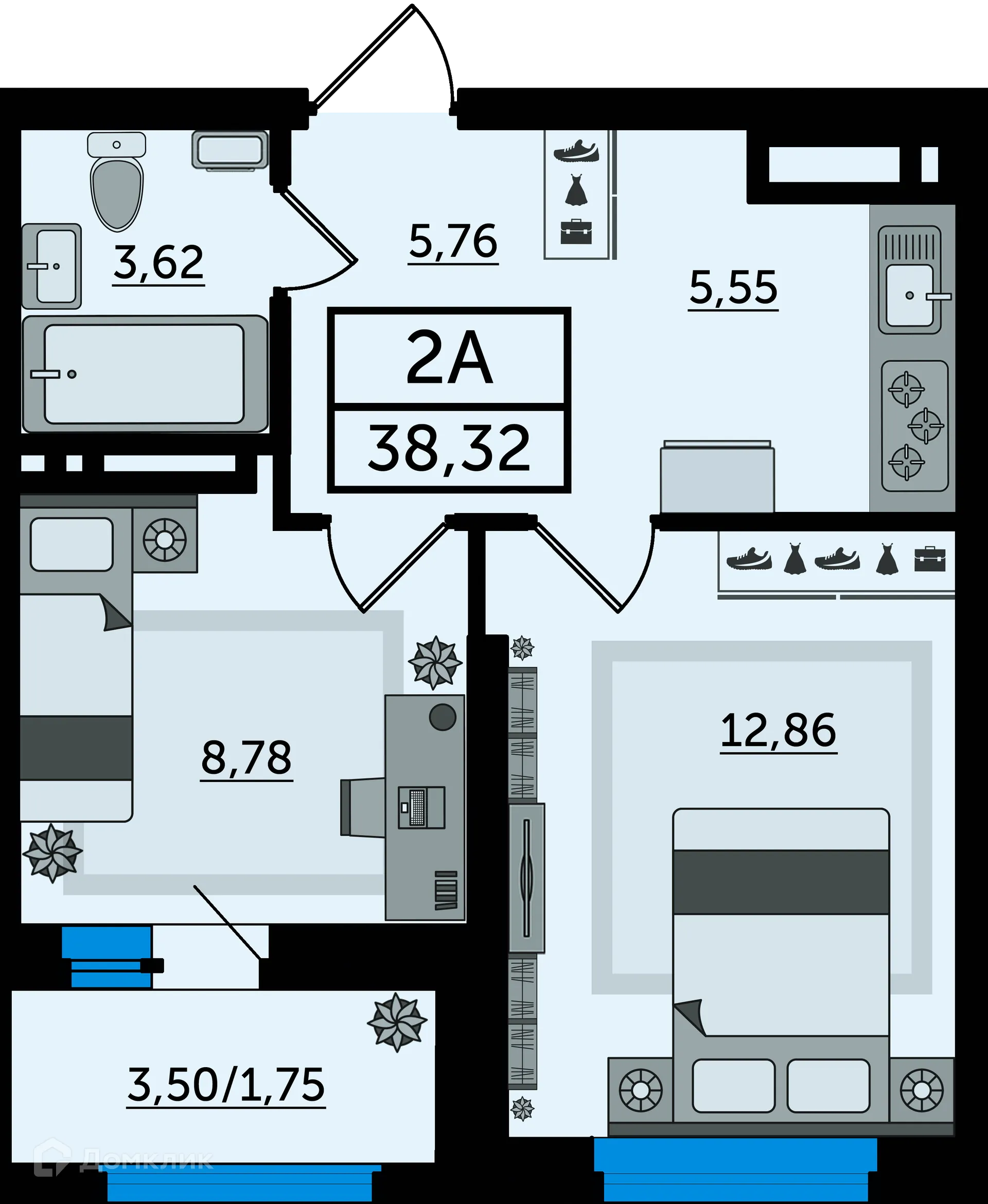 Планировка 2-комнатной квартиры 38.32 м² в ЖК "Легенда Ростова", г. Ростов-на-Дону — фото 1