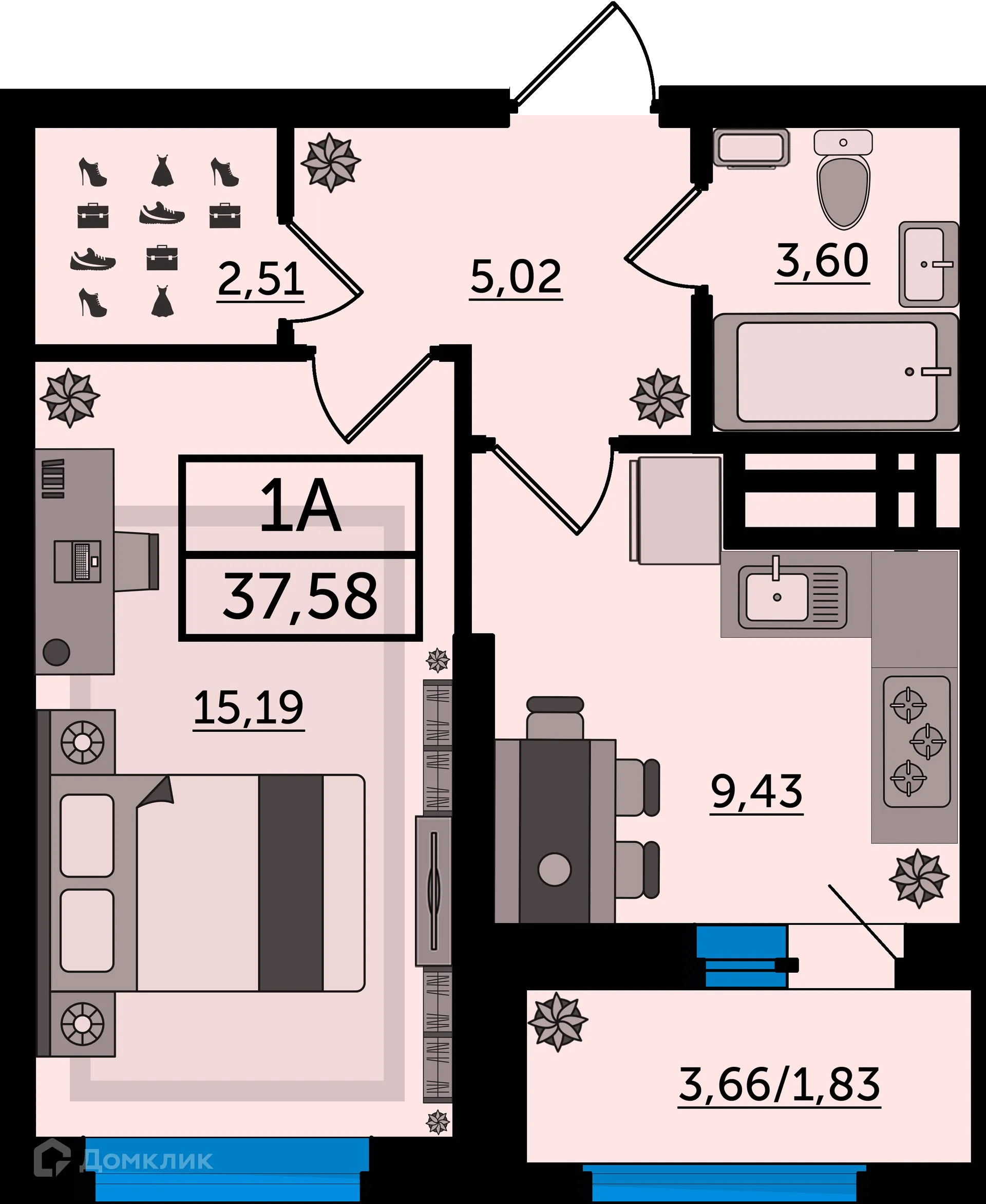 Планировка 1-комнатной квартиры 37.58 м² в ЖК "Легенда Ростова", г. Ростов-на-Дону — фото 2