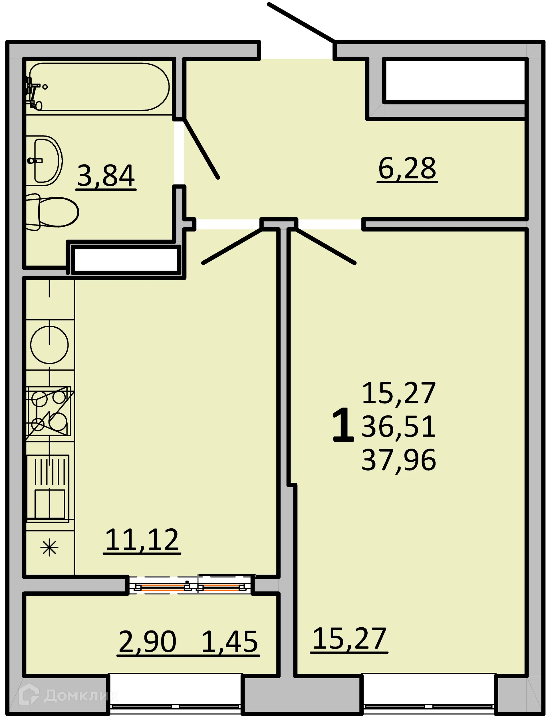 Планировка 1-комнатной квартиры 37.96 м² в ЖК Frame (Фрейм), г. Ростов-на-Дону — фото 1