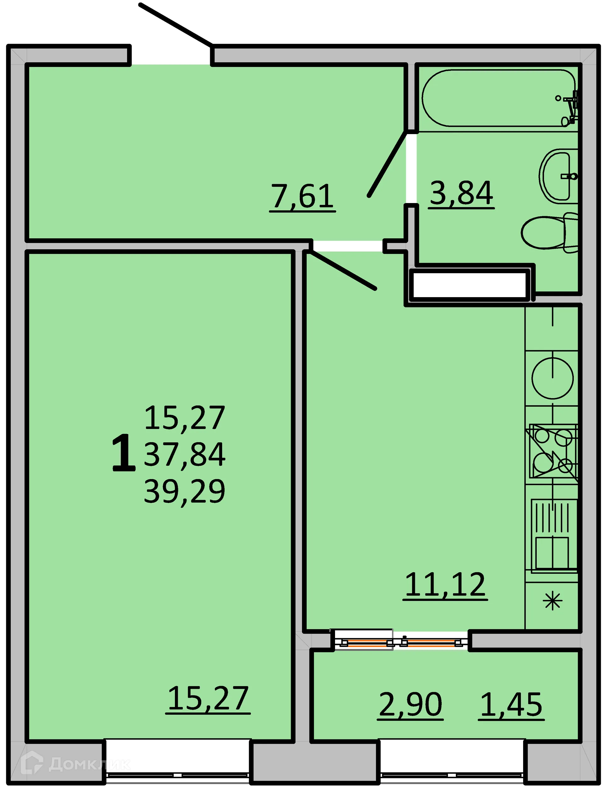 Планировка 1-комнатной квартиры 39.29 м² в ЖК Frame (Фрейм), г. Ростов-на-Дону — фото 1