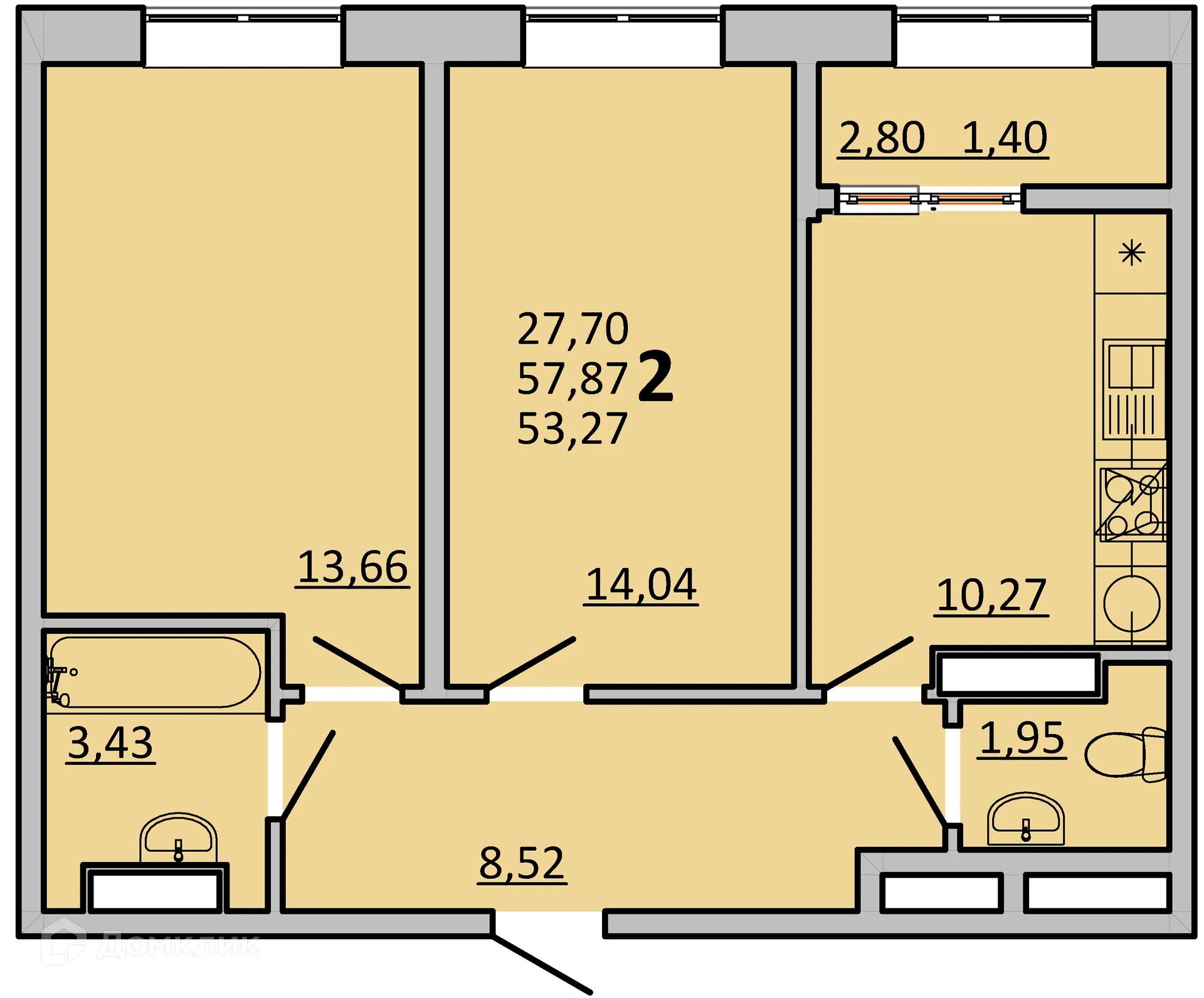 Планировка 2-комнатной квартиры 53.27 м² в ЖК Frame (Фрейм), г. Ростов-на-Дону — фото 1