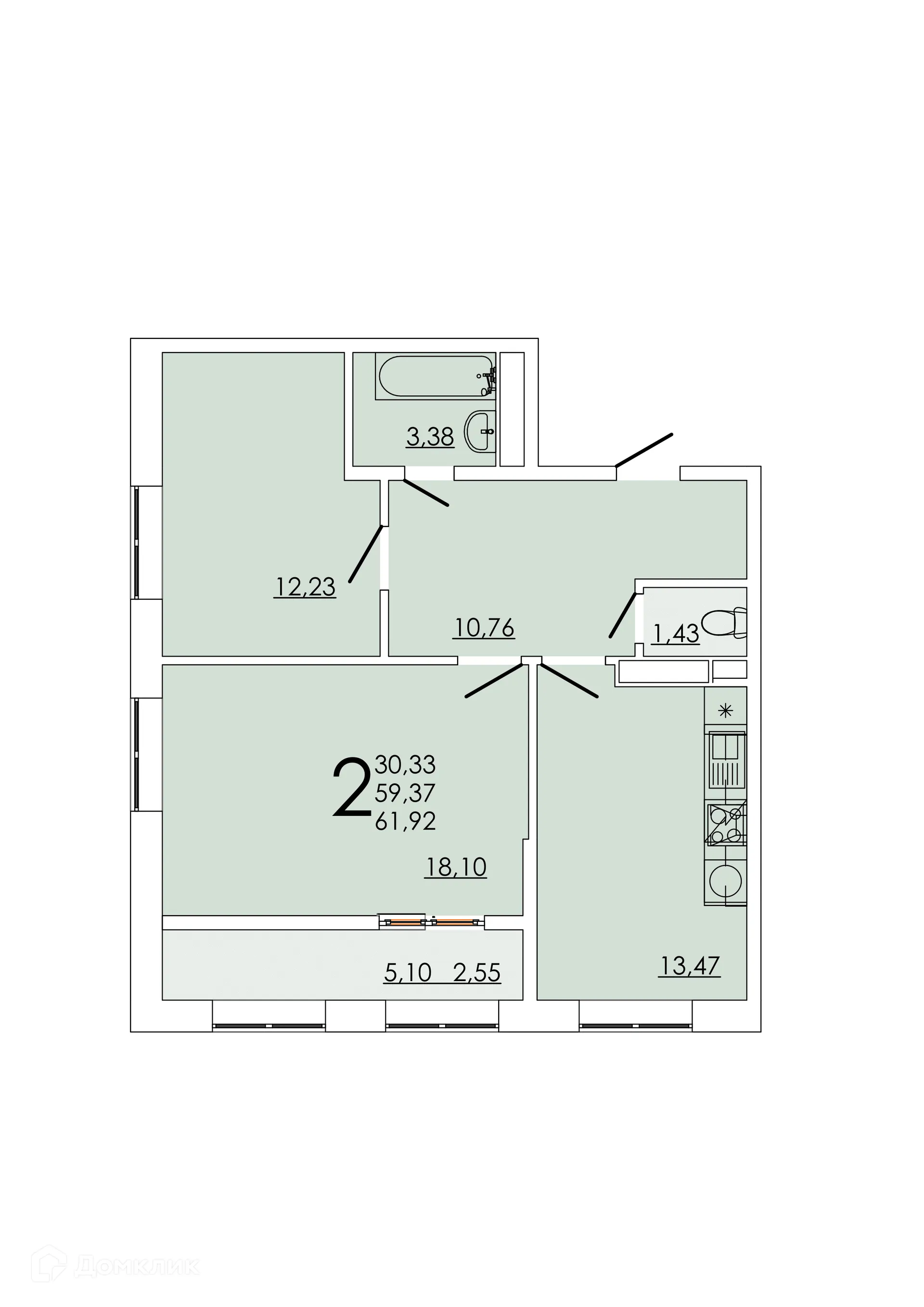 Планировка 2-комнатной квартиры 61.92 м² в ЖК Frame (Фрейм), г. Ростов-на-Дону — фото 1