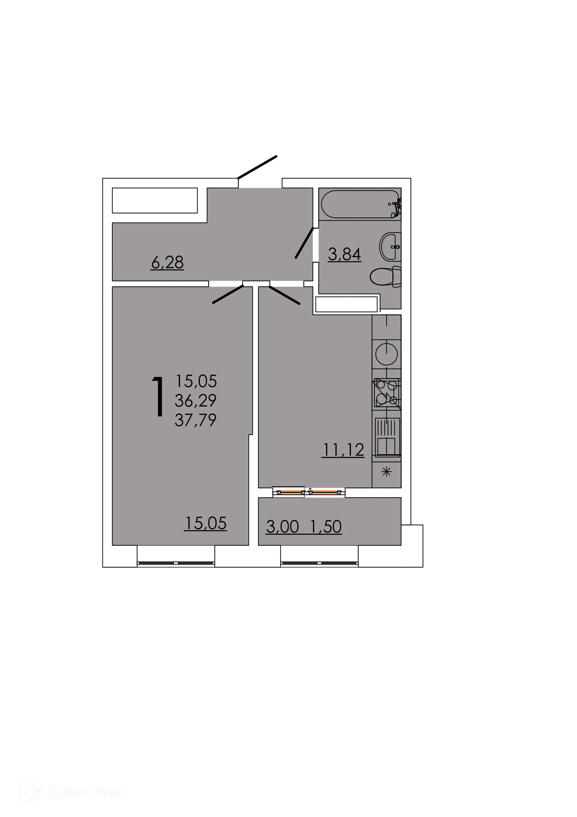 Планировка 1-комнатной квартиры 37.79 м² в ЖК Frame (Фрейм), г. Ростов-на-Дону — фото 1