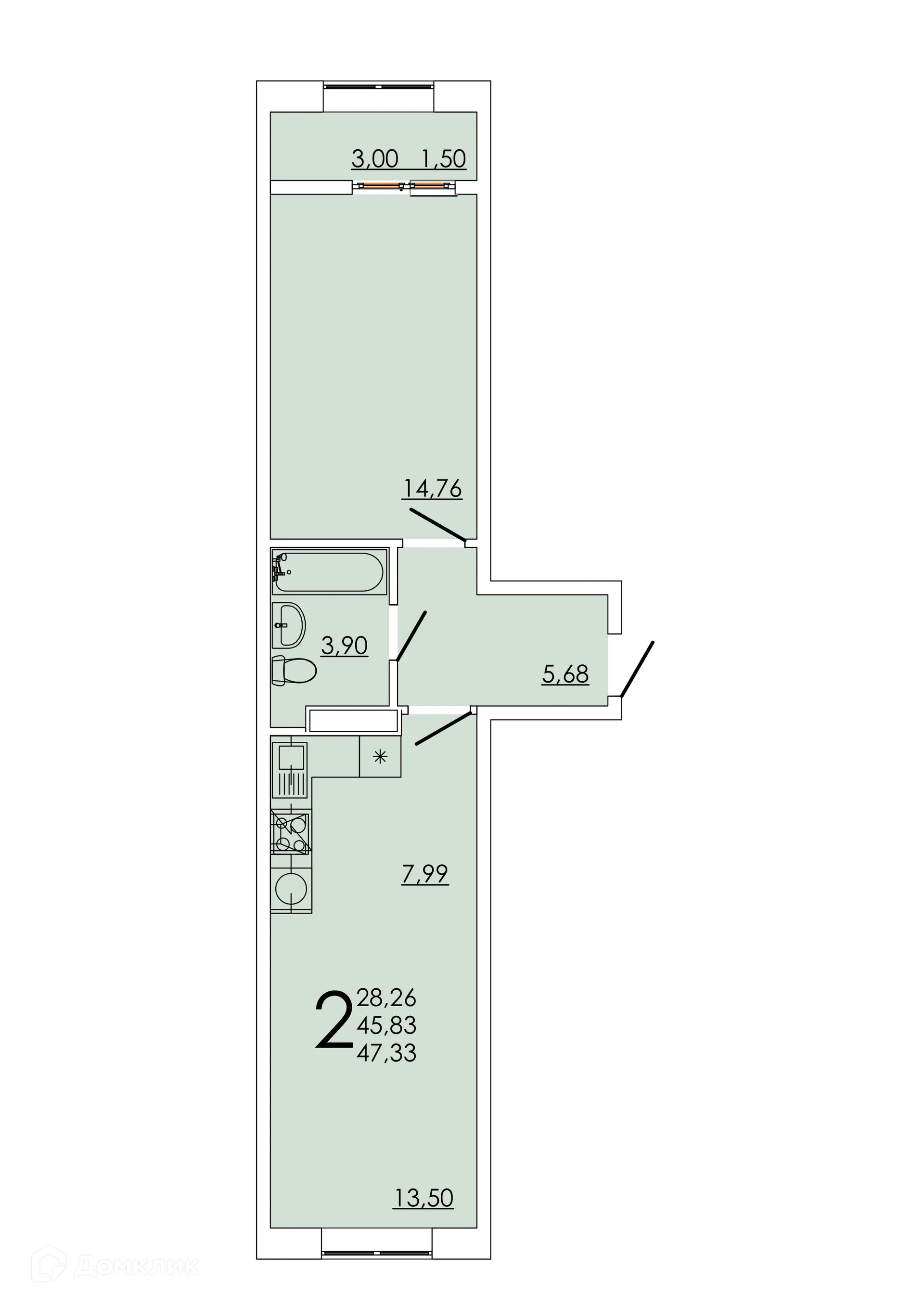 Планировка 2-комнатной квартиры 47.33 м² в ЖК Frame (Фрейм), г. Ростов-на-Дону — фото 1