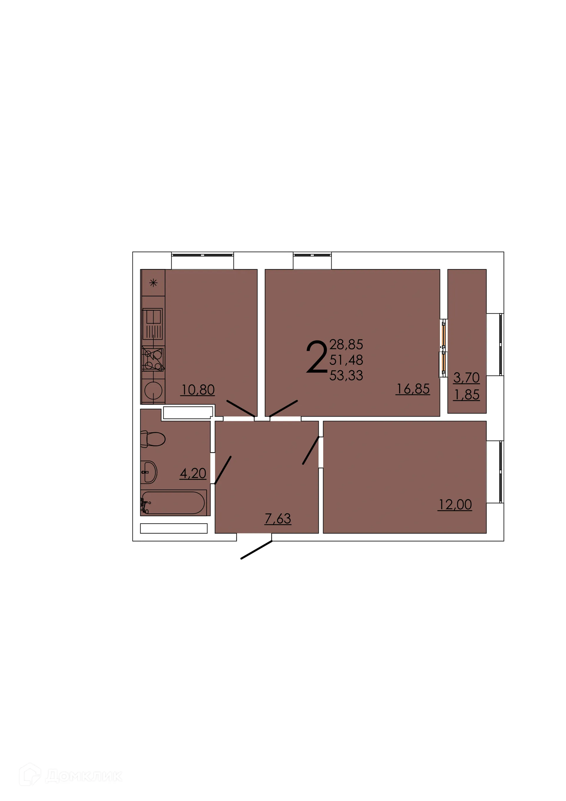 Планировка 2-комнатной квартиры 53.33 м² в ЖК Frame (Фрейм), г. Ростов-на-Дону — фото 1
