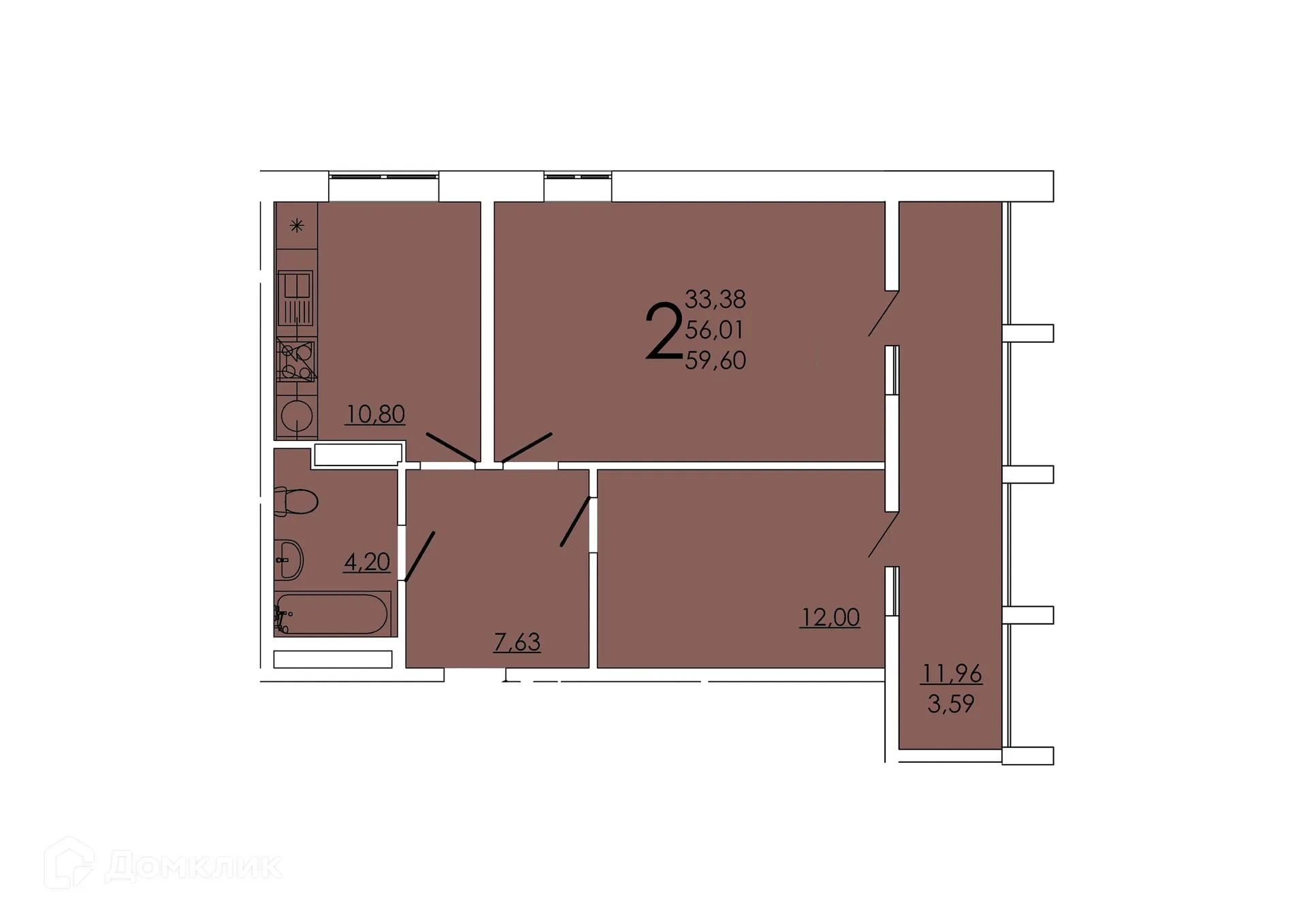 Планировка 2-комнатной квартиры 59.6 м² в ЖК Frame (Фрейм), г. Ростов-на-Дону — фото 1