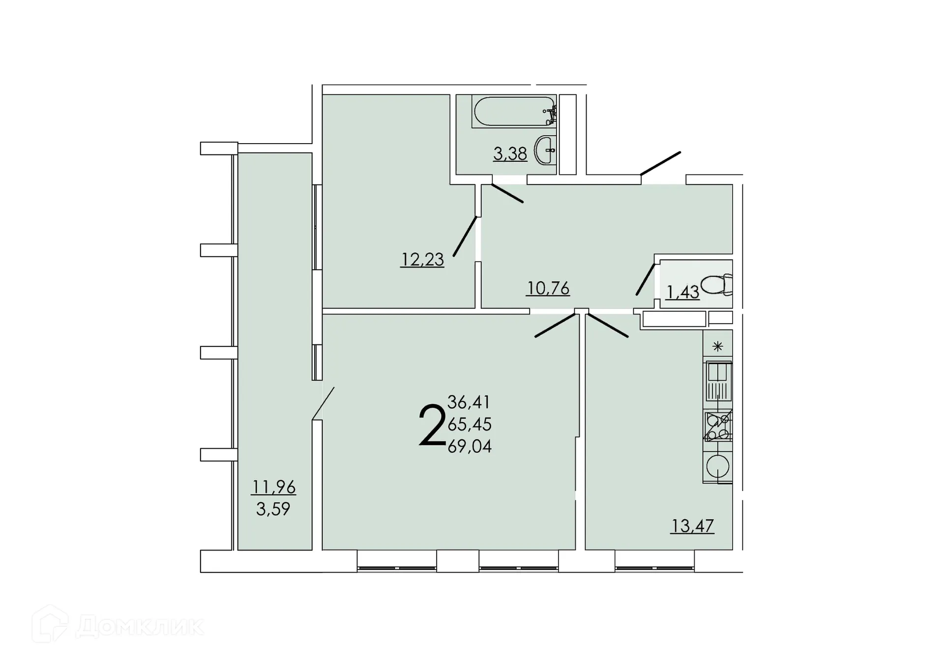 Планировка 2-комнатной квартиры 69.04 м² в ЖК Frame (Фрейм), г. Ростов-на-Дону — фото 1