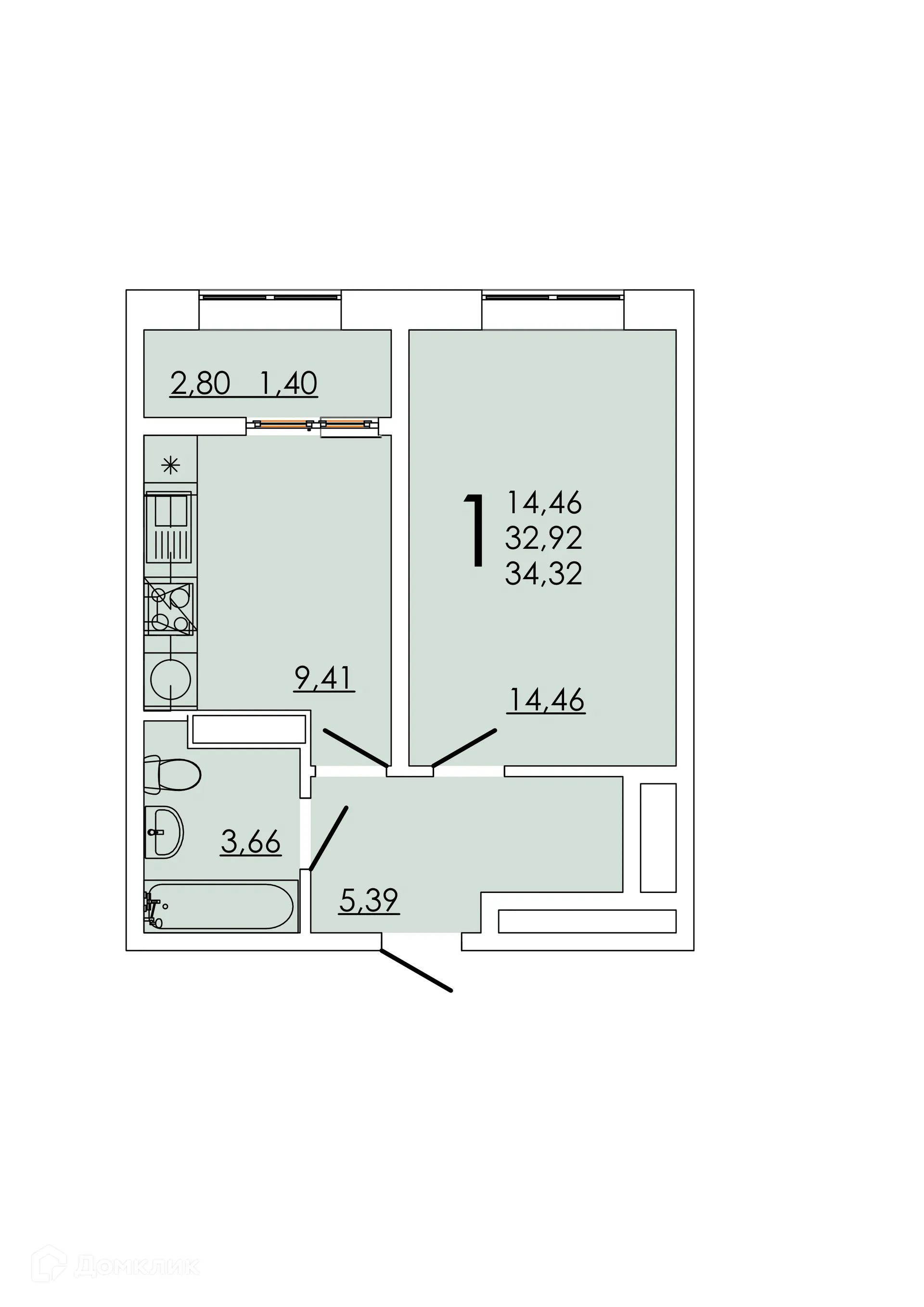 Планировка 1-комнатной квартиры 34.32 м² в ЖК Frame (Фрейм), г. Ростов-на-Дону — фото 7