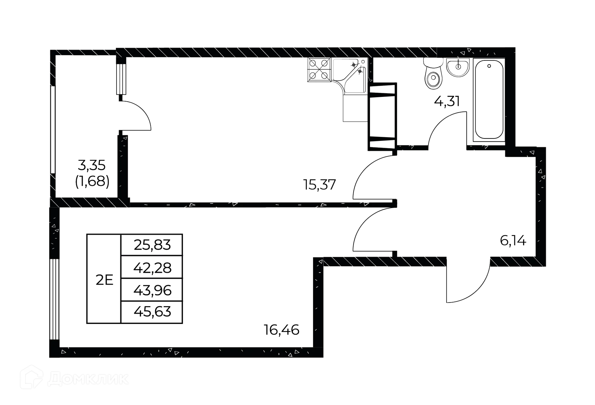 Планировка 1-комнатной квартиры 45.63 м² в ЖК Звезда Столицы 2, г. Ростов-на-Дону — фото 2