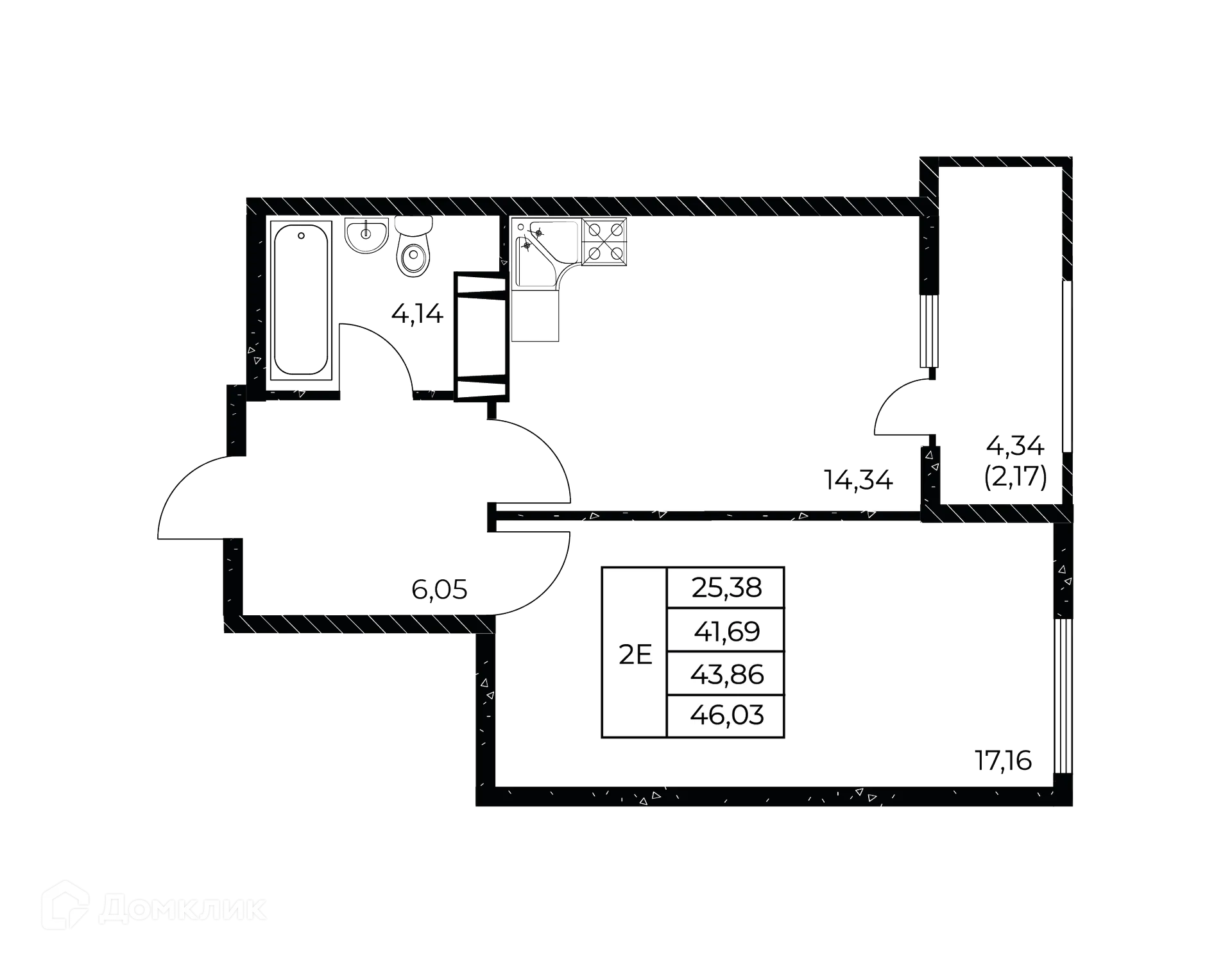 Планировка 1-комнатной квартиры 46.03 м² в ЖК Звезда Столицы 2, г. Ростов-на-Дону — фото 2