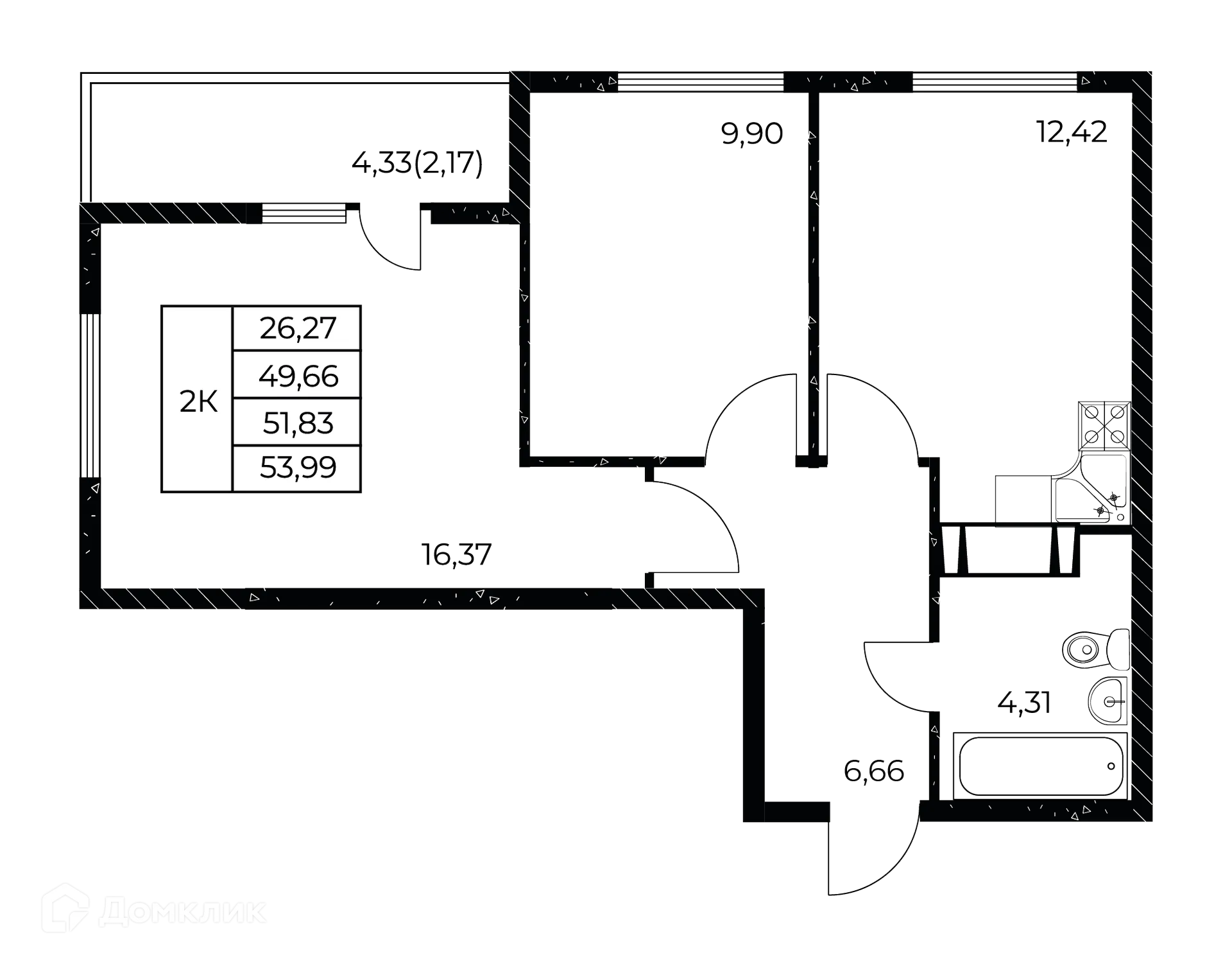 Планировка 2-комнатной квартиры 53.99 м² в ЖК Звезда Столицы 2, г. Ростов-на-Дону — фото 5