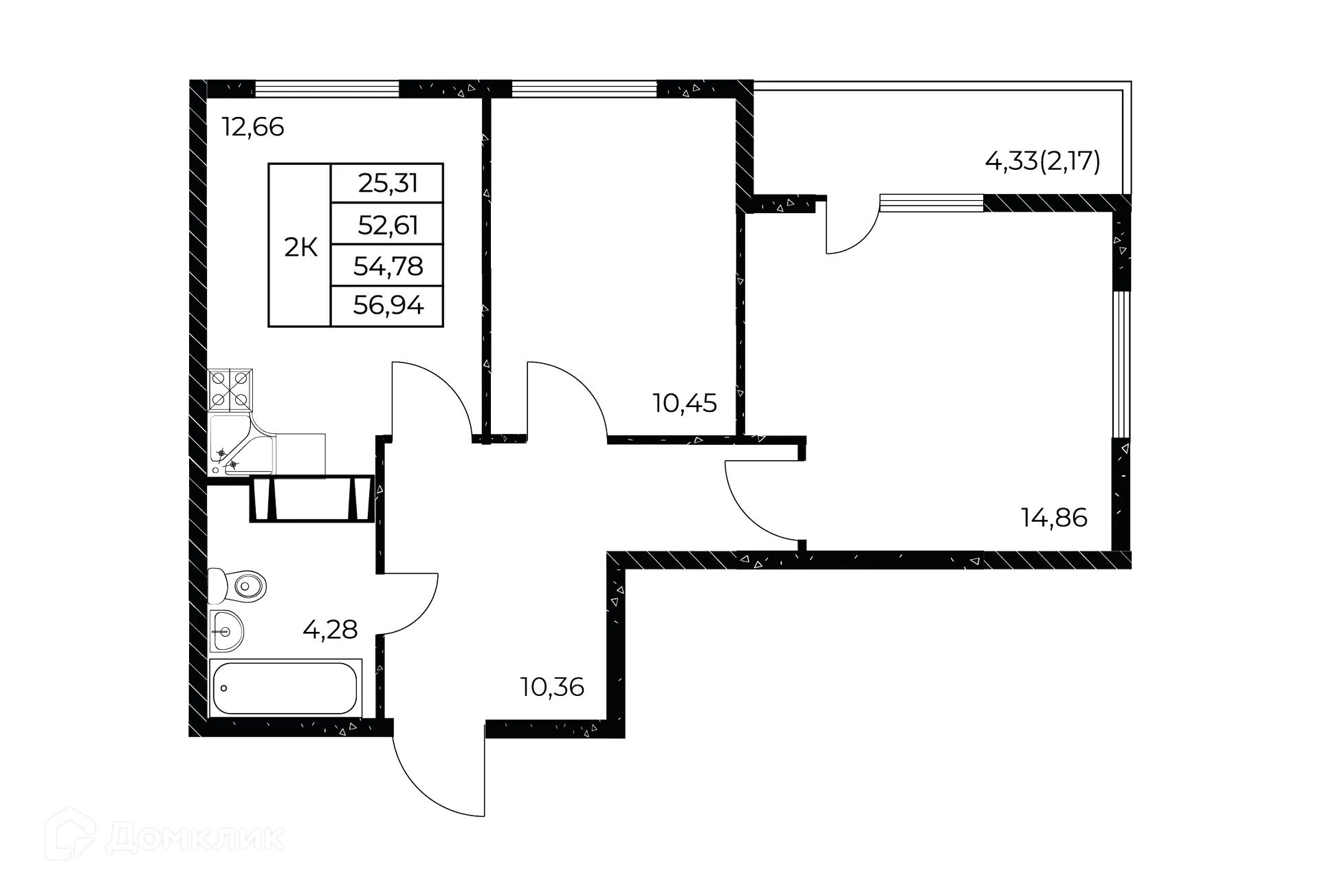 Планировка 2-комнатной квартиры 56.94 м² в ЖК Звезда Столицы 2, г. Ростов-на-Дону — фото 2