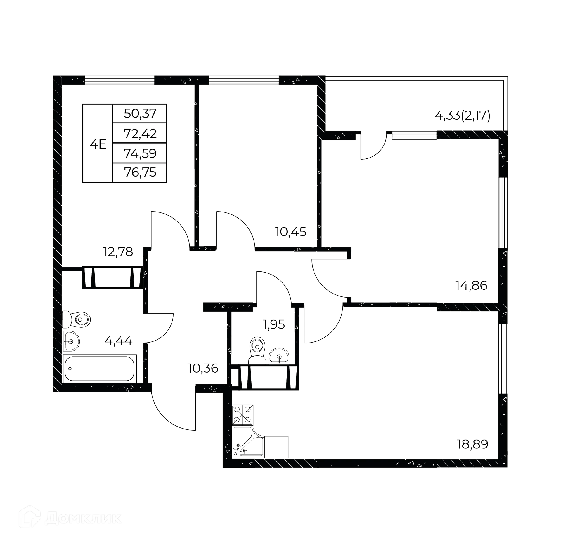 Планировка 3-комнатной квартиры 76.75 м² в ЖК Звезда Столицы 2, г. Ростов-на-Дону — фото 1