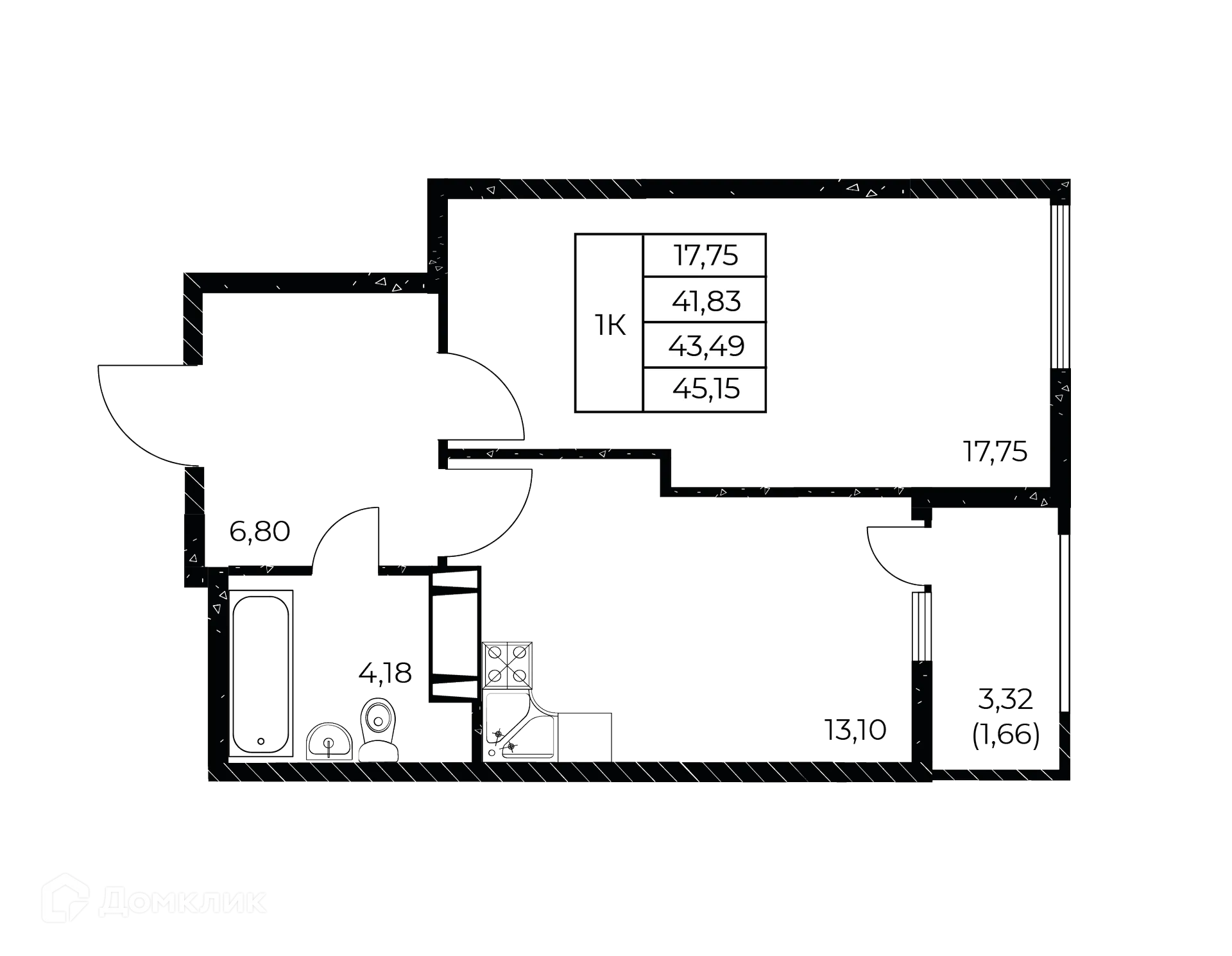 Планировка 1-комнатной квартиры 45.15 м² в ЖК Звезда Столицы 2, г. Ростов-на-Дону — фото 1
