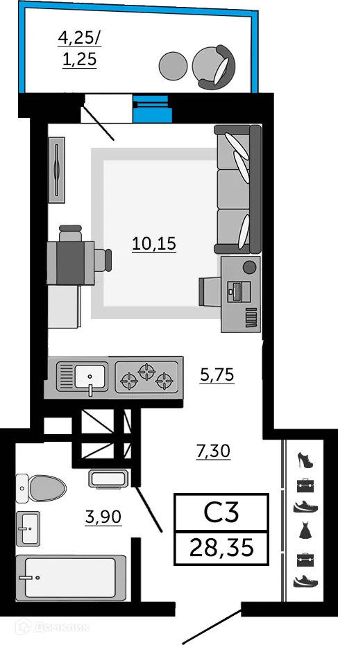 Планировка студии квартиры 28.1 м² в ЖК Донской Арбат 2, г. Ростов-на-Дону — фото 1
