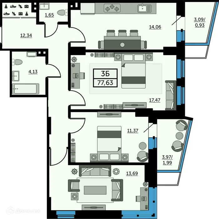 Планировка 3-комнатной квартиры 77.6 м² в ЖК Город у Реки, г. Ростов-на-Дону — фото 1