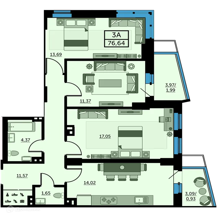 Планировка 3-комнатной квартиры 77.5 м² в ЖК Город у Реки, г. Ростов-на-Дону — фото 1